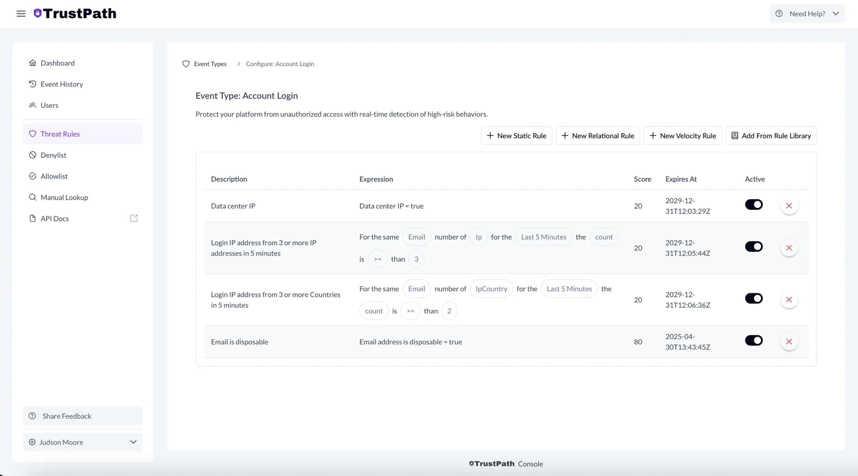 Event type rules in TrustPath