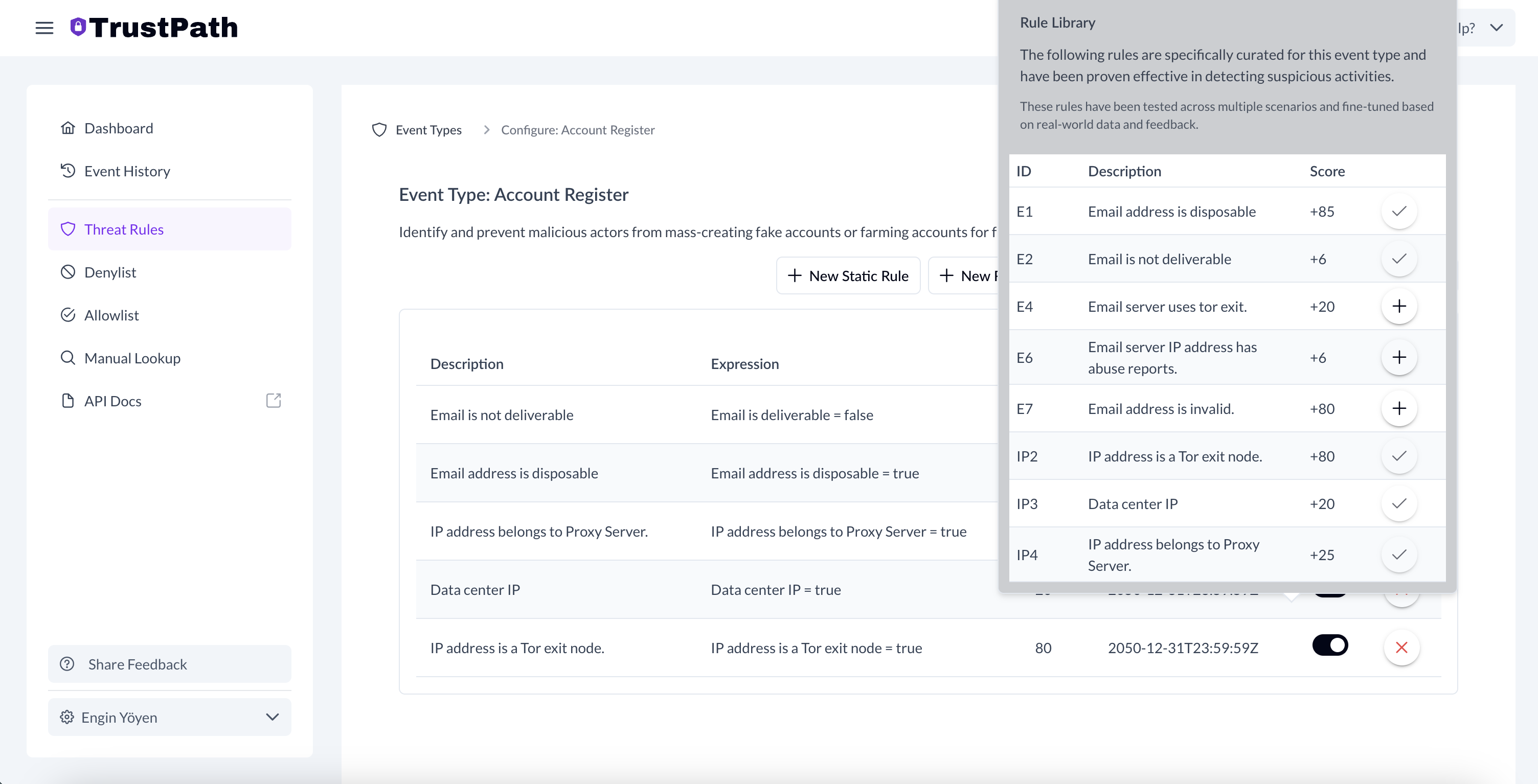 TrustPath.io Purchase Fraud Threat Rules