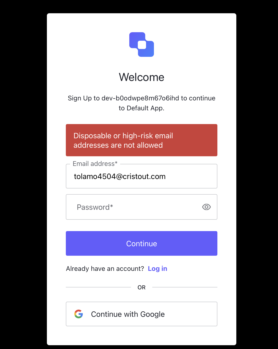 Auth0 disposable declined